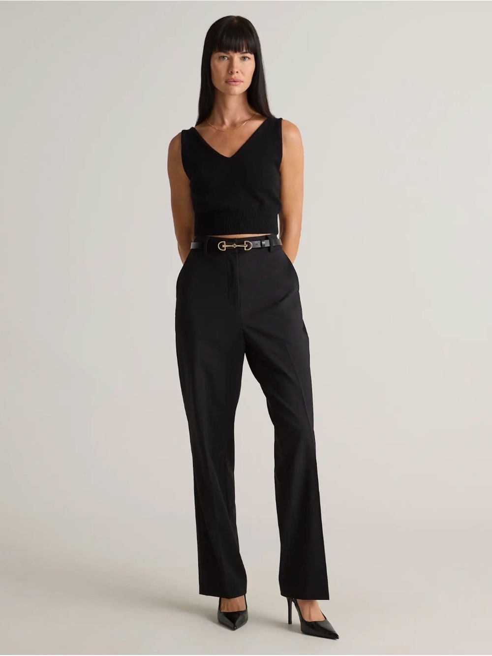 Quince Italian Wool High-Waist Straight-Leg Pants Slacks Black 2